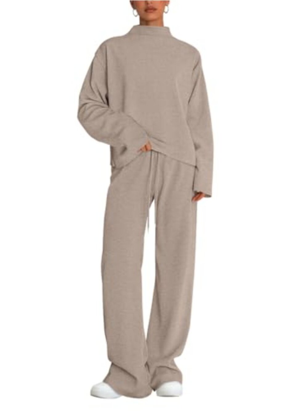 Women's 2 Piece Lounge Set Mock Neck Long Sleeve Knit Top Wide Leg Pants with